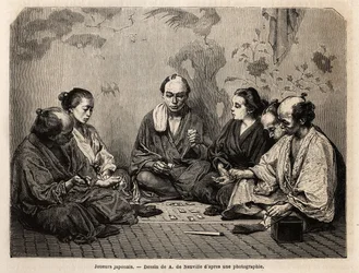 Japán játékosok a kártyák közepén. Metszet Japán illusztrálására, Aime Humbert, a Svájci Államszövetség miniszterének utazási története 1863-1864-ben, amelyet a „Le tour du monde, nouveau Journal des voyages” jelent meg Edouard Charton irányítása alatt.