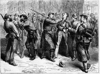 La Commune de Paris 1871-ben. Egy tűzálló letartóztatása egy csapat szövetség által.