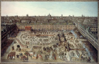A "Roman des chevaliers de la gloire", 1612. április 5. és 7. között XIII. Lajos és Ausztria Anna házasságának megünneplésére rendezett nagy körhinta, Place Royale, 1612 körül (olaj, vászon).