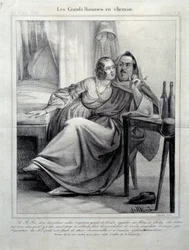 Les grands hommes en chemise Honore de Balzac (1799-1850) író ábrázolása, aki cigarettázó fiatal nőt körülölel. Illusztráció E. Alletről (XIX. század) Paris, Maison Balzac