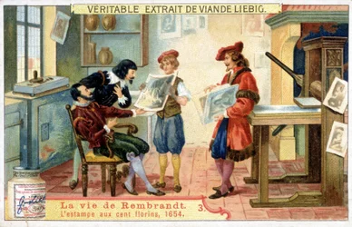 Liebig kromolitográfia Rembrandt (1606 - 1669) holland festő életéről. Ez a 100 guldenes lenyomat 1654-ben.