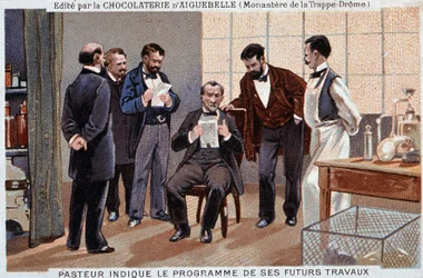 Louis Pasteur francia tudós (1822-1895) jelezte jövőbeli munkájának programját, munkatársaival körülvéve - Aiguebelle csokoládé reklámcímkéje, 1895. v.