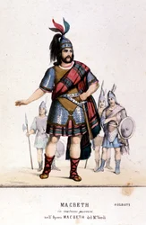 Macbeth karakter harcos jelmezben Giuseppe Verdi (1813 - 1901) azonos című operájában William Shakespeare munkája nyomán. 1847. Metszet.