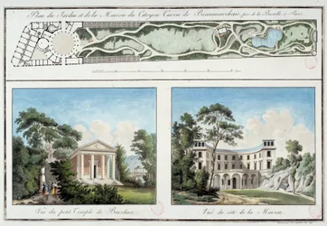 Pierre Augustin Caron de Beaumarchais francia író és drámaíró (1732-1799) kertjének és házának térképe a jelenlegi párizsi Boulevard Beaumarchais-ban. Metszet 1795 körül Párizs, Musee Carnavalet
