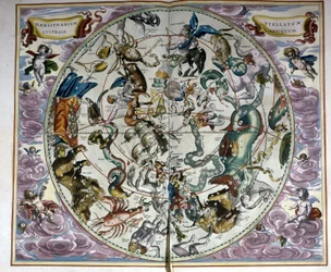 Égtérkép és állatöv jelei - a déli égbolt csillagképeit ábrázoló ősi kompozíció fakszimile, André Cellarius „Harmonia Macrocosmica” című művének megfelelően