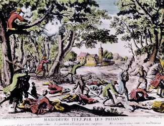 Parasztok által lelőtt martalócok. 18. századi nyomtatvány Paris, B.N.