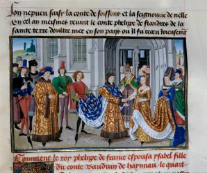 Philippe Auguste (1165-1223) és Isabelle de Hainault (1181. április 28.) házassága. Miniatűr a „Császárok krónikájában”, Loyset Liedet (1420-1479)