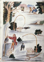 A madarak lasszós fogásának módja, Baltazar Martinez Compañón y Bujanda, Trujillo püspöke (1782-1785) "Trujillo del Peru" vagy "Códice Martínez Compañón" című könyvéből