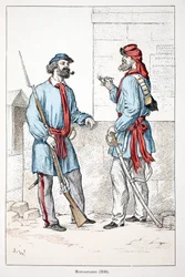 Hegymászók (1848). Színes rézkarc, illusztrációként „” A békefenntartók hadtestének története”” című könyv Louis Lepine (1846-1933) Szajna-menti rendészeti prefektus gondozásában jelent meg Alfred Rey (1864-?) és Louis Feron (1862) gondozásában. -?), szerk