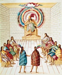 Montezuma (vagy II. Moctezuma), azték császár (1466-1520) és tanácsa Diego Garcia Panes (1730-1811) „Teatro de la Nueva Espana” című akvarellje, Mexikóváros, Nemzeti Könyvtár