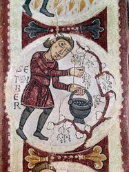 Havi ciklus: szeptember (betakarítás). Egy 12. századi freskó részlete a San Isidoro Real Colegiata (Royal Collegiale of Saint Isidore) királyi panteonjáról. Leon.