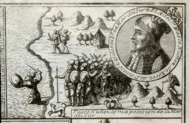 NUNEZ DE BALBOA, Vasco (1475-1517). Angol felfedező és hódító. Spanyolország. Spanyol gyarmatosítás (1513). Vasco Nunez birtokba veszi a Déli-tengert. Kép 1728-ból. Metszet.