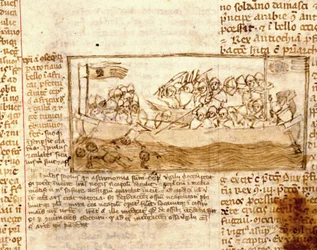 Tengeri csata szaracénok és keresztesek között 1120-ban. A 12. századi „zarándoklat a Szentföldre” kézirat szerint. Marciana, Velence.