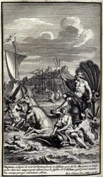 Neptunusz, aki méltatlan volt arra, hogy lássa a görögök erőit és tetteit, elhagyja a tengert, hogy táborukba szállítsa magát, és felemelkedjen Calchas alakja alá, akit aztán magához vesz, bátorságuk csaknem teljesen megsemmisült. Az Iliász XIII. könyvének