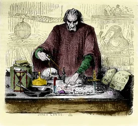 Nicolas Flamel (1330 - 1418) a laboratóriumában.