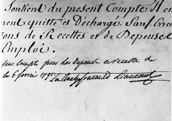 Ain megye központi adminisztrációjának parancsa, de la Rochefoucauld Liancourt herceg aláírása – Rochefoucauld Családi Levéltár.