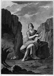 Orpheus az alvilág bejáratánál találkozik Cerberusszal. Litográfia. 19. század