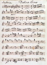 Szimfónia első hegedűjére írt kotta lapja. 4 in D, Mozart (1765)