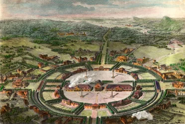 Claude Nicolas Ledoux (1736-1806) 1774-ben épített Arc és Senans királyi sóinak (Arc-et-Senans) perspektivikus képe Chaux mellett. Metszet „A francia építészet története, a reneszánsztól a forradalomig” 1804 Magángyűjtemény
