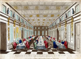 Perspektivikus nézet a Salle des Festins de Versailles-ról a béke ünneplésére 1763-ban Nagy-Britannia, Franciaország és Spanyolország között.
