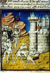 Fülöp II. Auguste (1165-1223) a Chinon – Miniatűr a „Grandes Chronikus de Saint-Denis”-ben”, 14. század vége. (ref. 512, 237r) Engedélyezési kérelem a Bibliotheque Municipale de Toulouse-hoz (tel: 05 62 27 66 66)