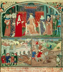 Philippe the Bel trunant (1268-1314) szántás és kereskedő jelenettel. Gilles de Rome (v.1247-1316) miniatűr „A hercegek rendszerének könyvében”, Párizs, B N