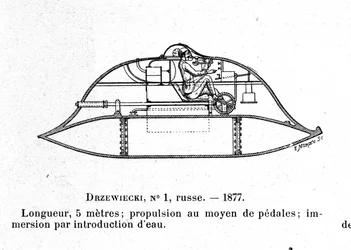 A Drzewiecki 1 tengeralattjárót ábrázoló tábla, Stefan K. Drzewiecki (1844-1938) feltaláló és mérnök által tervezett pedálos tengeralattjáró. 1877 kb.