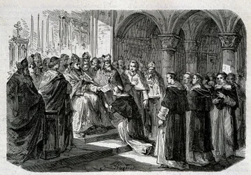 Adrien pápa (792-872) átadta egyik legátusának a Lord Normand elleni kiközösítési buborékot. Metszet - „A pápák története” című részben, sd. 19. század.