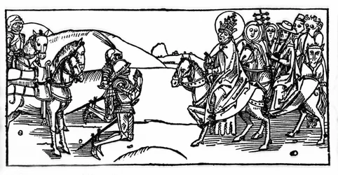 I. Leó pápa találkozik Attilával és megállítja őt – Metszet a „Leben der Heiligen - sommerteil”-ből (A szent könyvéből) Voragine-i Jacobus (Jakab) (1228-1298) alkotása. Lübeck 1488.