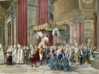 Pius pápa (1792-1846) részt vett az első Vatikáni Zsinat megnyitó ünnepségén 1869.12.08-án a Szent Péter-bazilikában. A Sedia Gestatorián van. Az időszak illusztrációja.