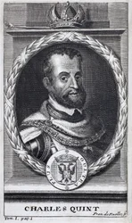 V. Károly (1500-1558), Spanyolország és spanyol Amerika királya, Szicília királya és a Német Római Birodalom germán császára (1519-1556) portréja. Metszet a „Flandriai háború története” illusztrálására, Flamianus Strada, Joseph T