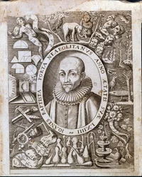Giambattista (Keresztelő János, Keresztelő János) della Porta (1535 - 1615) portréja a „Magiae Naturalis” homlokzatán. 17. század.