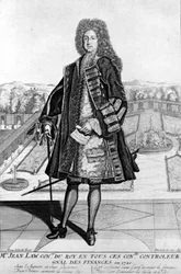 John Law (1671–1729) portréja gyalogosan, a skót pénzügyi vállalat, aki 1720-ban csődöt okozott (A Quincampoix Street eseménye)