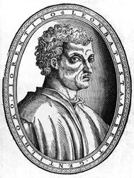 Léon Battista Alberti (1404 - 1472) olasz humanista és építész portréja, sd-metszet.