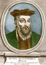 Michel nostradamus orvos, ne à Saint Remy de Provence (Saint-Remy-de-Provence) portréja 1503.12.14-én és 1566.07.02-án halt meg. századi metszet.