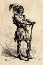 Osceola (1804-1838), a szeminolok vezetőjének portréja, aki az Egyesült Államok elleni indián ellenállás élén állt a floridai háborúban (1835-1842). Metszet Achille Pousselgue 1851-1852-ben írt Négy hónap Floridában című történetének illusztrálására