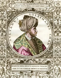 Pompás Soliman (1494-1566) oszmán szultán portréja. századi metszet. Magángyűjtemény.
