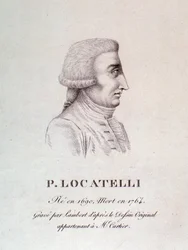 Pietro Locatelli (1695-1762) olasz hegedűművész és zeneszerző portréja. Metszet. 18. század. Bologna, Polgári Zenei Múzeum