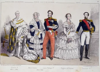 A Bourbonok portréja. Balról jobbra: X. Károly (1757-1836), Marie Amelie (1782-1866), I. Lajos Fülöp (1773-1850), Eugenie de Guzman (1826-1920) és III. Napóleon (1808-1873).