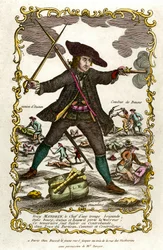 Louis Mandrin francia brigand (kb. 1725-1755) portréja. Mögötte Autun akciója és Baune harca. 18. századi metszet. Magángyűjtemény