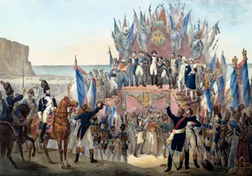 Napóleon Bonaparte a Becsületlégió bemutatása a Terlincthum-völgyben, Boulogne-ban (1804. augusztus 16.) Metszet - Párizs, musee de l