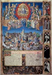 Isten városának (mennyei) és az emberek városának (földi) ábrázolása. Miniatúra Hippói Szent Ágoston (354-430) 