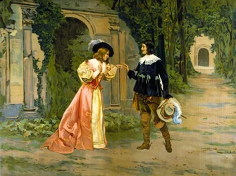 Edgar és Lucia gyűrűcseréjének ábrázolása Gaetano Donizetti „Lucie de Lammermoor” („Lucia di Lammermoor”) című operájának I. felvonásában.