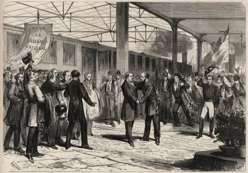 1868. szeptemberi forradalom Spanyolországban (Gloriosa): Salustiano Olozagától (1805-1873) érkezik Madridba. Metszet a „” L