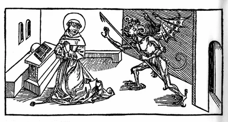 Nagy Szent Antal (vagy Remete Szent Antal vagy Szent Antal apát), akit a démon megkísért. A Voragine-i Jacobus (James) (1228-1298) metszete a „Leben der Heiligen - sommerteil”-ből (A szent könyve). Lübeck 1488.