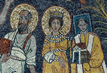 Szent Pál, Szent Cecile és Szent Pascal Krisztus és hat szent részlete. Névtelen mozaik, 821. római bazilika Santa Cecilia in Trastevere