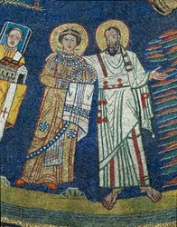 Szent Praxede (Prassede) és Szent Pál Részlet. Névtelen mozaik 830 körül. A Santa Prassede-bazilika diadalíve, Róma