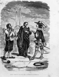 Saint Vince de Paul közbenjár egy elítélt javára egy tiszttel a marseille-i gályákon - Maurice Alhoy „” Les Bagnes: histoire, types, mors, mystique” című könyvében, szerk. Gustave Havard