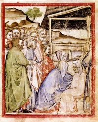 Sarah halála 127 évesen Miniatűr a 212-es kódexből (vagy padovano vagy Páduai Biblia) 1390-1400 Rovigo, Accademia dei Concordi