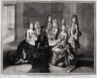 Az apartmanok második szobája (Versailles): 1. Monsignor, 2. Madame of Conty Dowager hercegnője, 3. Monsieur le Duke de Bourbon, 4. Bourbon hercegné, 5. Monsieur de Vandôme, Franciaország nagypriorja. Trouvain metszete, 18. század eleje